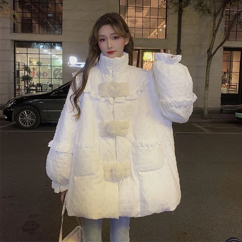2022 new down cotton-padded jacket women's small plate buckle loose padded white cotton-padded coat enlarge