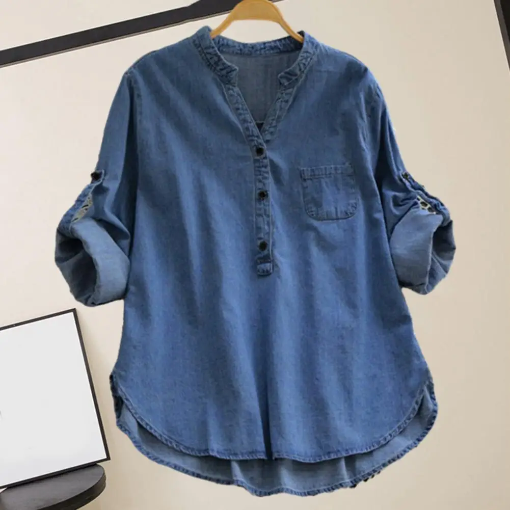 

Women Solid Color Denim Shirt Small Stand Collar V-neck Women Top Buttons Neckline Long Sleeve Loose Fit Shirt Tops Streetwear