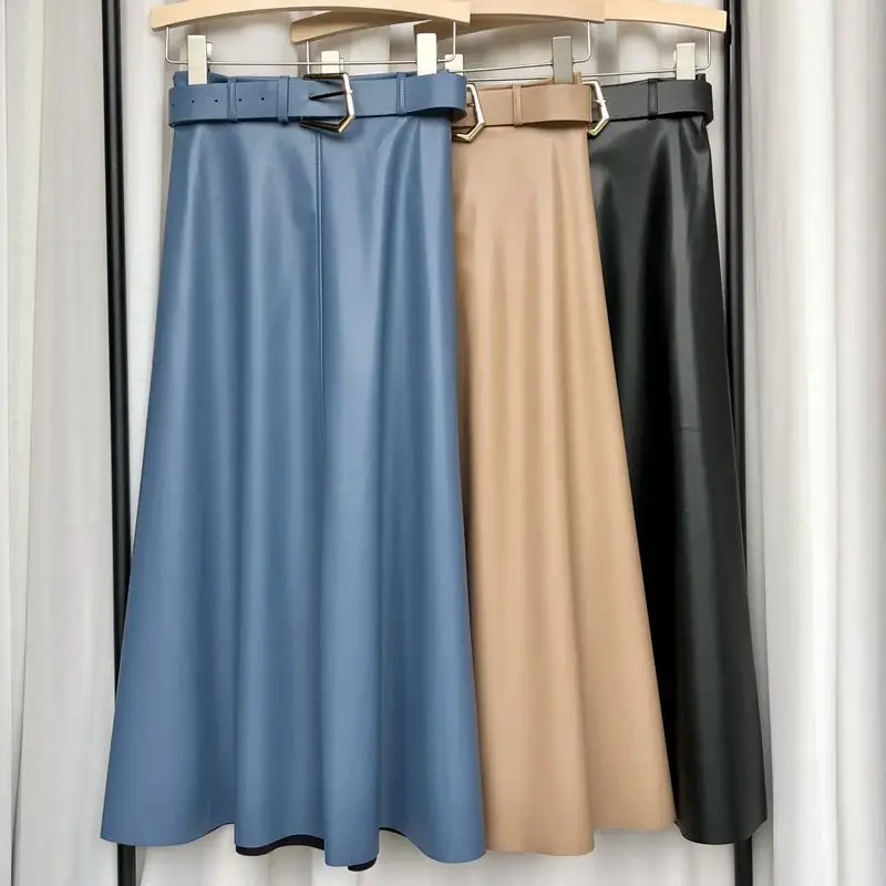 Autumn and winter new women's skirt PU leather medium long A-line skirt