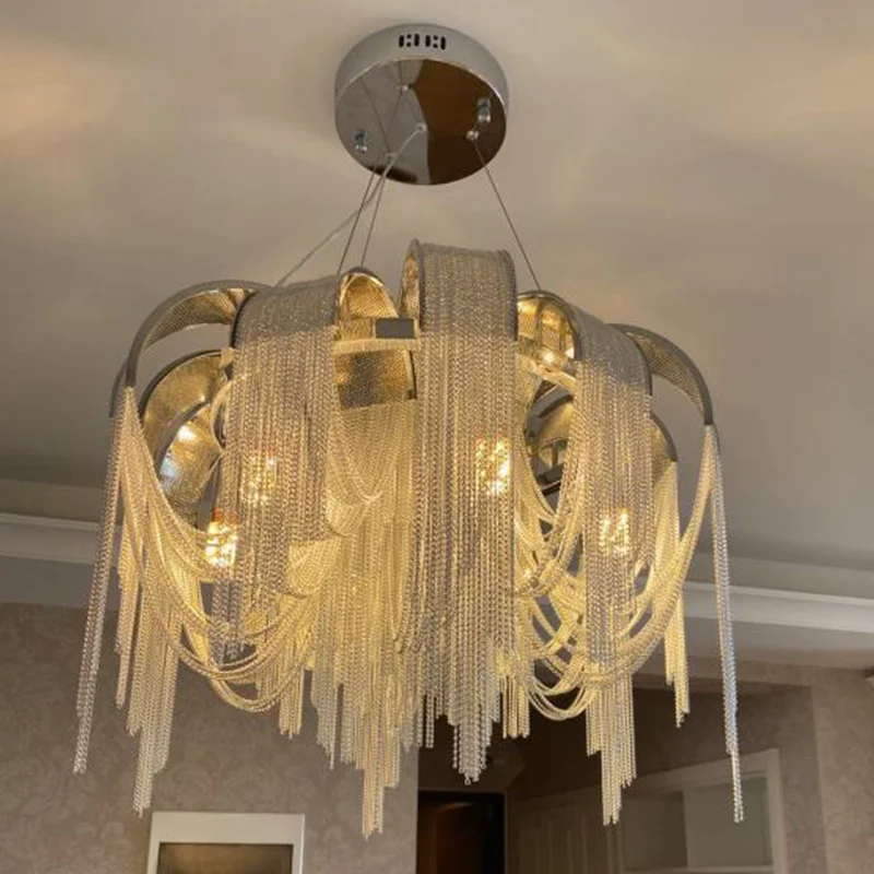 

Chandeliers Modern silver living room bedroom tassel aluminum chain decor hanging lamp round dining room light fixtures Light