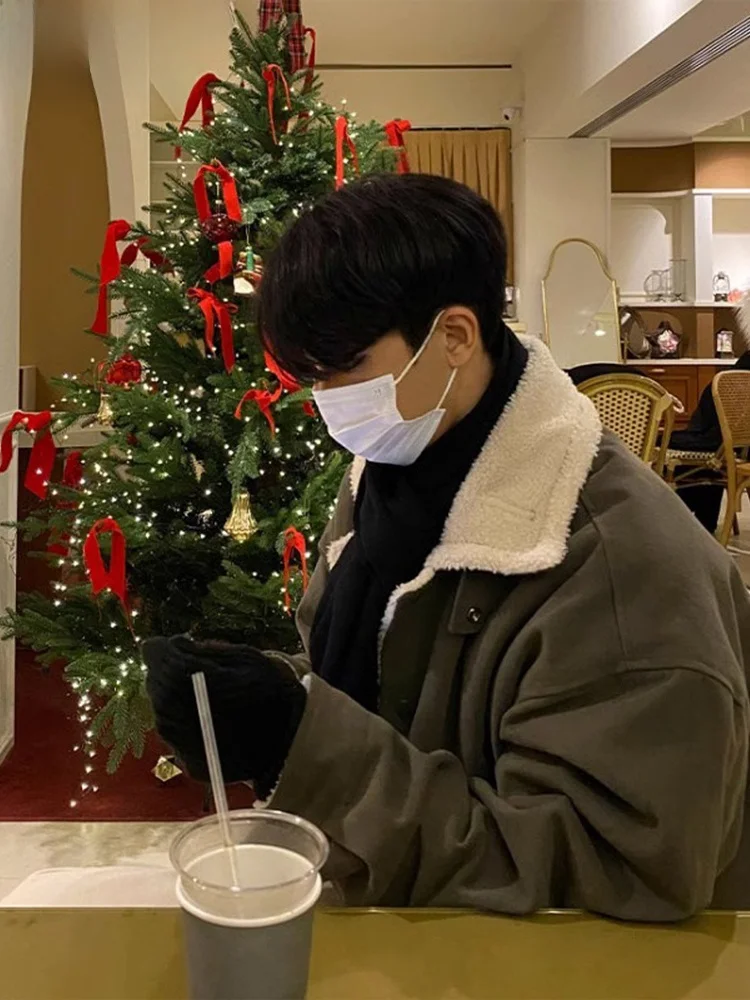 Winter Korean Series Wear Cotton-padded jacket Men's Army Green Lamb Plush Warm Cotton-Padded Coat Fashion Brand Pu Shu...