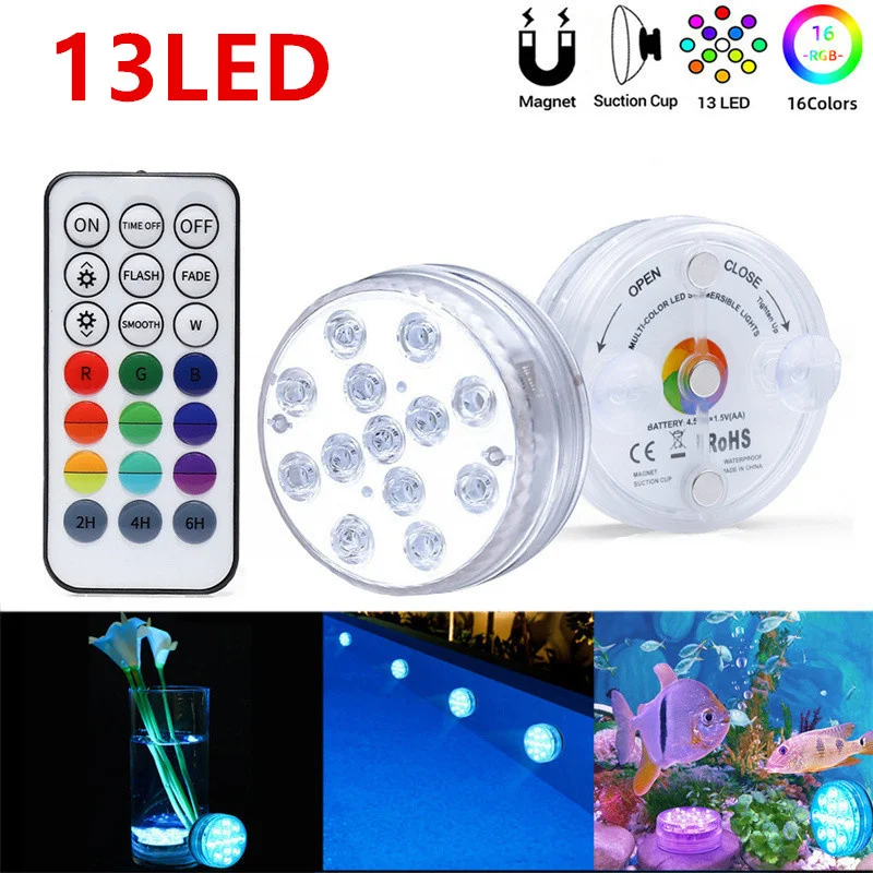 

13 LEDs Underwater Light 16 Colors RGB IP68 Waterproof Swimming Pool Light 21 Key RF Remote Control Pond Submersible Lights Vase