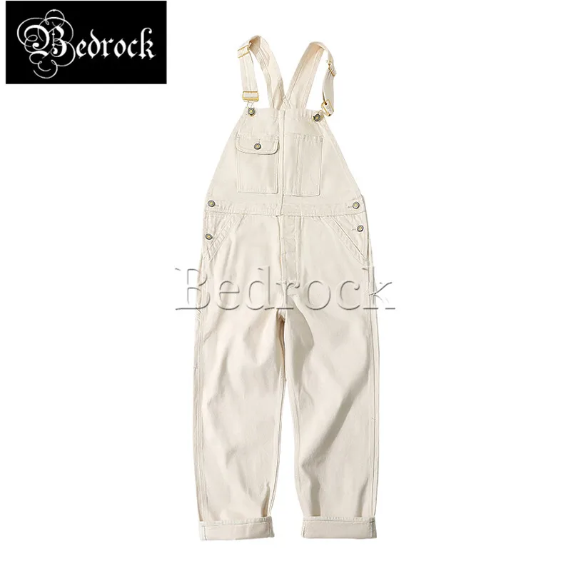 

MBBCAR 14oz one washed off-white raw cotton overalls men Amekaji suspenders selvedge denim jeans button fly straight pants 7379