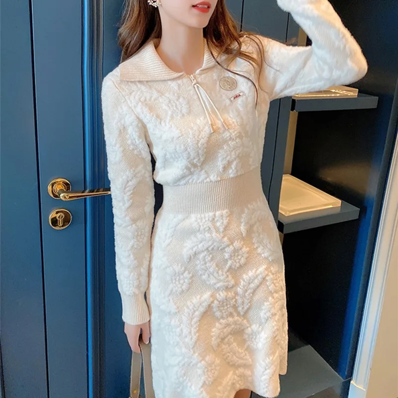 

Retro Jacquard Women Knitted Mini Dress Fall New Small Fragrance Turn Down Collor Embroidered High Waisted Sweater Vestidos Q793