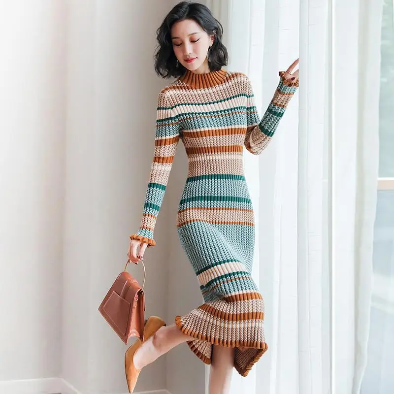 

Woman Elegant Long Sleeve Sweater Dress Female Patchwork Thick Knit Dress Ladies Slim A-line Basic Dress Casual Vestidos G210