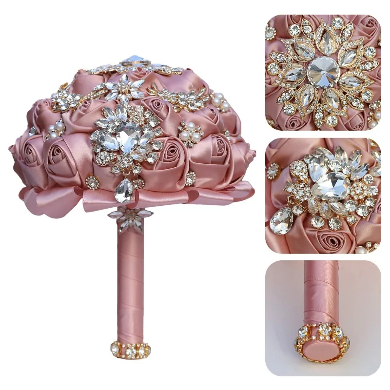 Фото Букет невесты/подружки невесты Amazon Golden Rhinestone: готовый букет из искусственных роз с лентами, свадебные принадлежности 321B №2