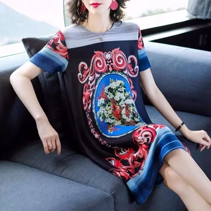 

Ethnic style pleated dress women 2021 summer new fashion retro printing temperament loose