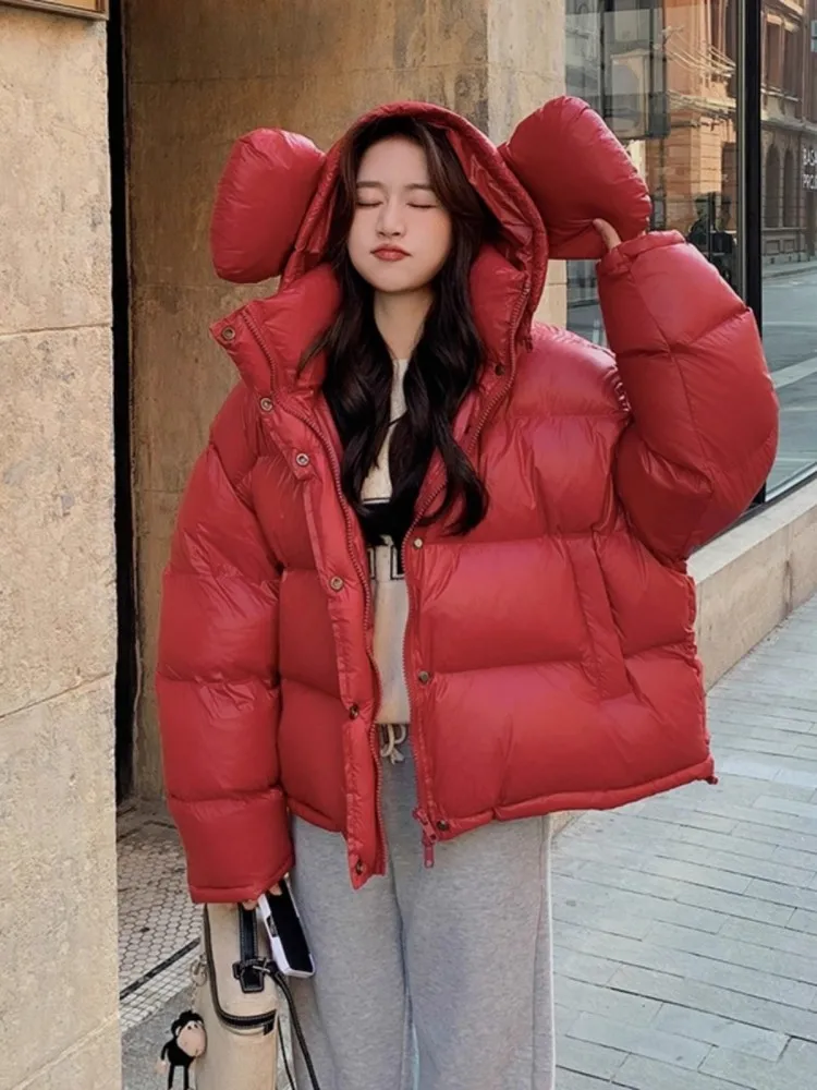 Pink Preppy Hood Down jacket Women Winter 2024 New High Sense Short Small White Duck Down Outerwear