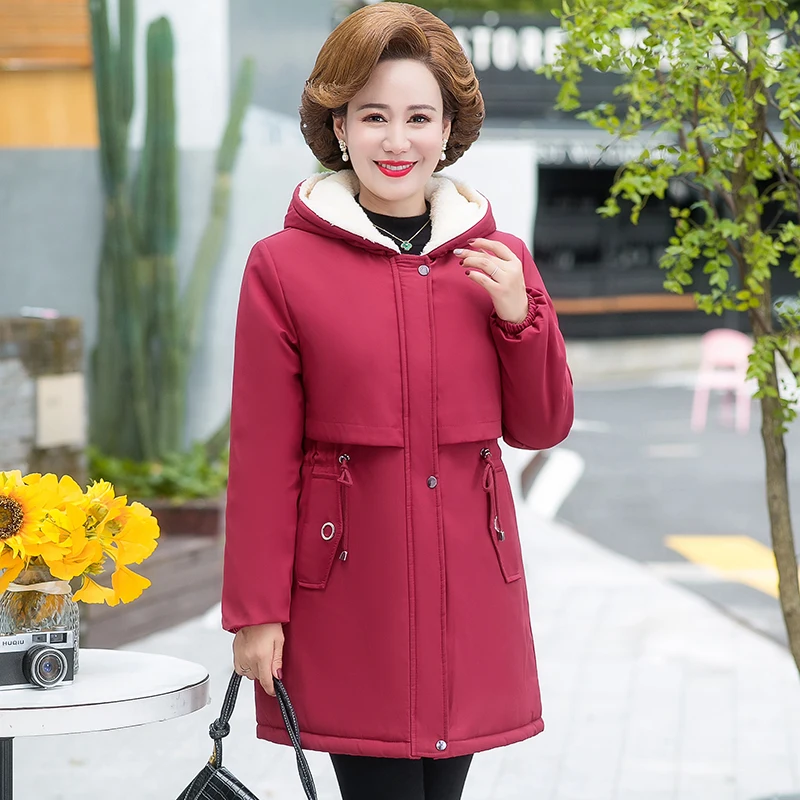 New Winter Middle-aged Women Jacket Hooded Warm Thick Cotton Coat Female Plus Velvet Casual Fur Collar Woman Parkas
