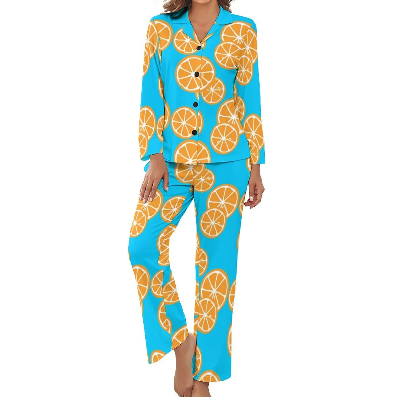 

Oranges Slices Pajamas Female Yellow Fruit Print Fashion Home Suit Spring Long-Sleeve 2 Pieces Night V Neck Printed Pajama Sets