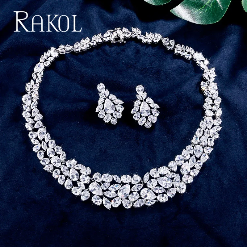 

RAKOL Brand Geometry White AAA+ CZ Zirconia Earrings Necklace Jewelry Set for Women Luxury Bridal Party Wedding Dress