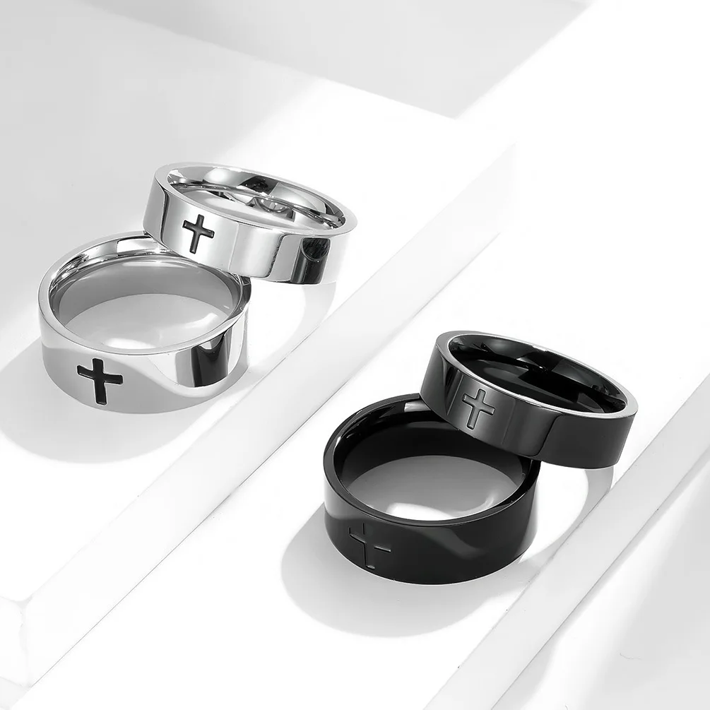 

6mm-8mm Simple Cross Stainless Steel Rings for Men Women Silver/Black Titanium Steel Couple Ring Party Fashion Jewellery Gifts