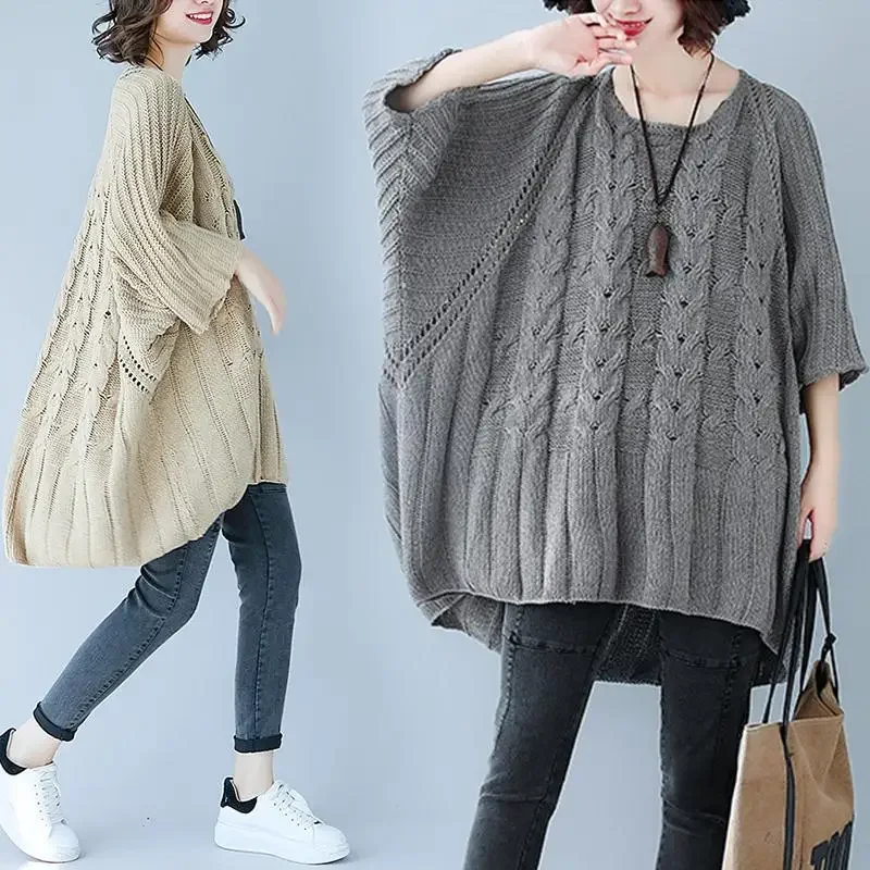 Женский осенний свитер больших размеров с круглым вырезом топ 300 кг очень большой