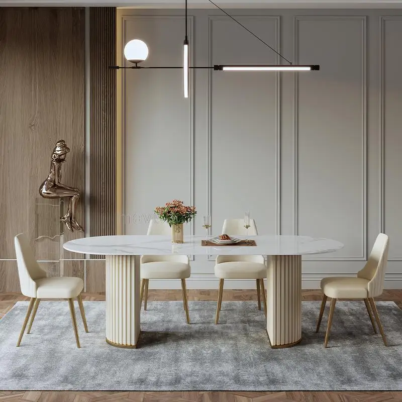 

Набор обеденных столов в скандинавском стиле, современный дизайн, Золотая подставка, итальянский белый Ресторанный стол, органайзер, садовая уличная мебель