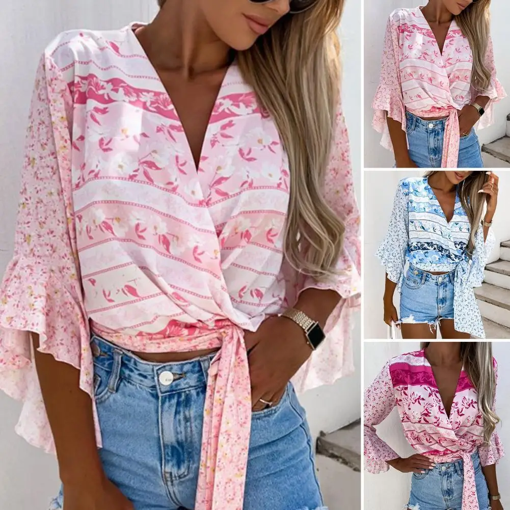 

V-Neck Tie Bow Loose Summer Shirt Floral Print Ruffle Sleeve Elegant Top Ladies Clothing