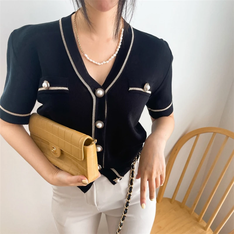 

Кардиганы с жемчужными пуговицами, летние повседневные корейские тонкие вязаные жакеты из вискозы, корейские элегантные тонкие топы с V-образным вырезом, свободные короткие пальто N660