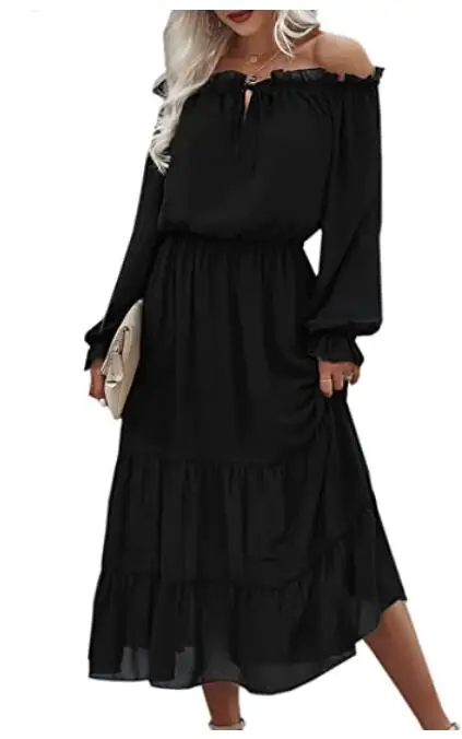 

Women Spring Autumn Casual Dress, Long Sleeve Off Shoulder Solid Color Midi Dress