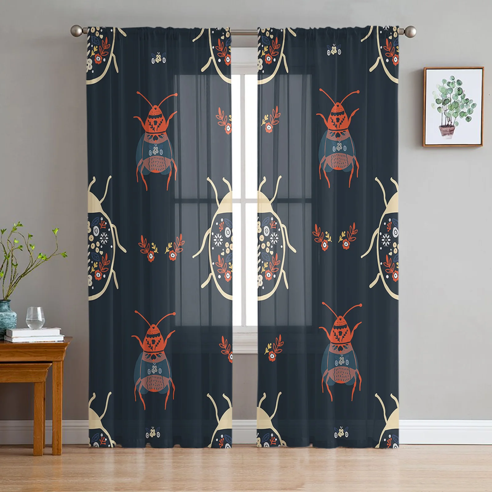 

Retro Insect Animal Modern Printed Tulle Curtains for Bedroom Balcony Window Decor Creative Fashion Home Sheer Curtain