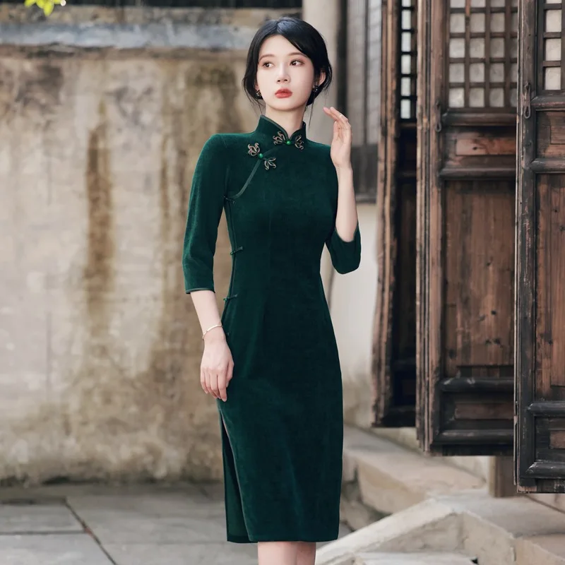 Mid Length Velour Women Cheongsam Dresses Vintage Mandarin Collar Costume Qipao Skirts 3XL Chinese Dress Prom Gown