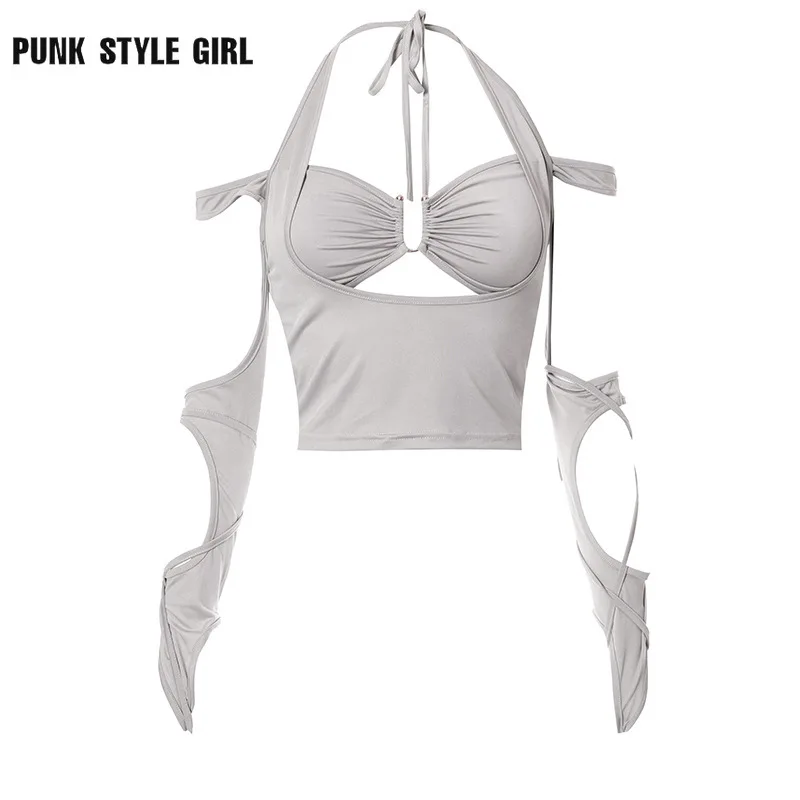 

Solid Lace-Up Alt Halter Blouse Women Sexy Long Sleeve Crop Tops Camisole Cut-out Cami Tank Top Slim Vest Club Party Y2K Corset