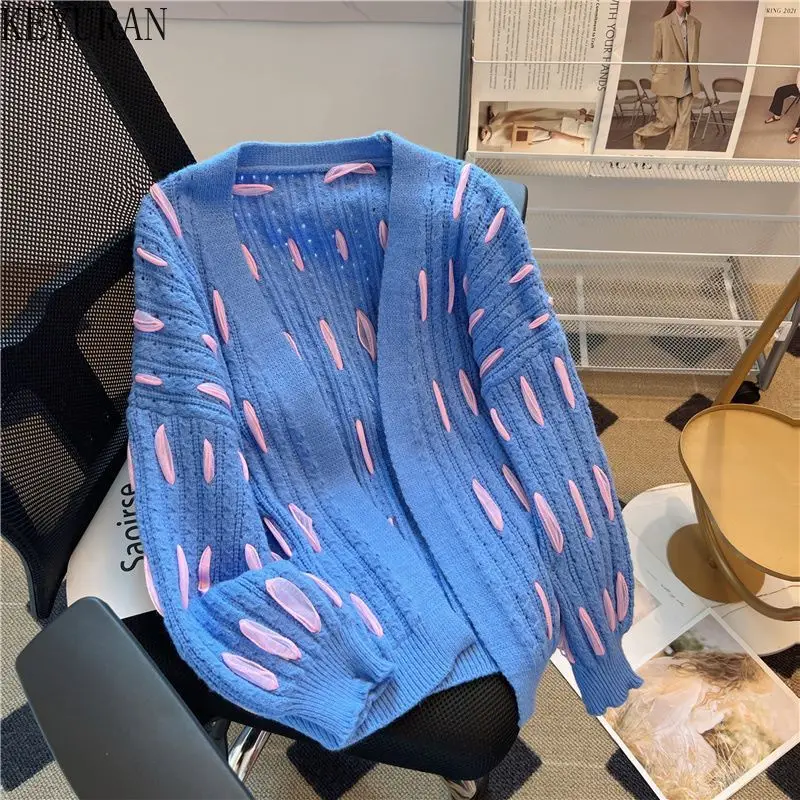 

Винтажный вязаный кардиган, женский свободный синий свитер на пуговицах с V-образным вырезом и длинным рукавом, вязаная одежда на осень и зиму Y2K