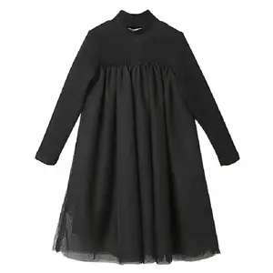 4 to 14 years kids & teenager girls long sleeve solid black flare casual maxi long dress child fashion fall autumn flare dress