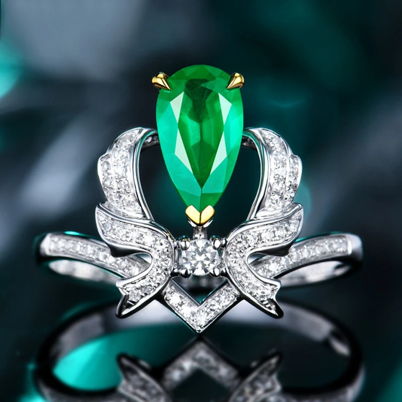 

Foydjew Luxury New Water Drop Pear-shaped Emerald Crown Rings Women's Simulation Color Gemstone Party Banquet Ring Fine Gifts