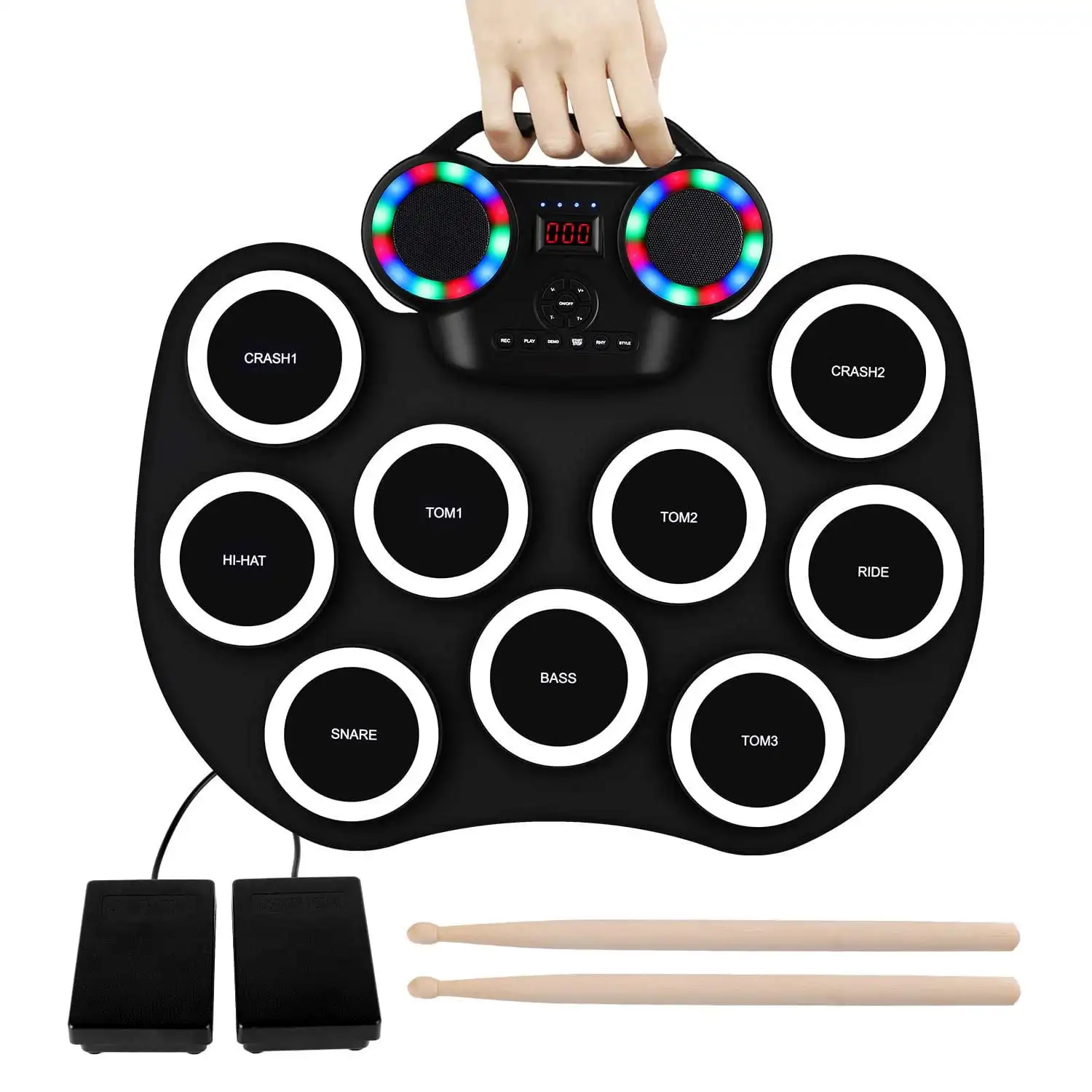 

9 Pads Electronic Drum Set with LED Light Portable Roll up MIDI Drum Practice Pad7 Tones & Rhythms 10 Demos Foot Pedals