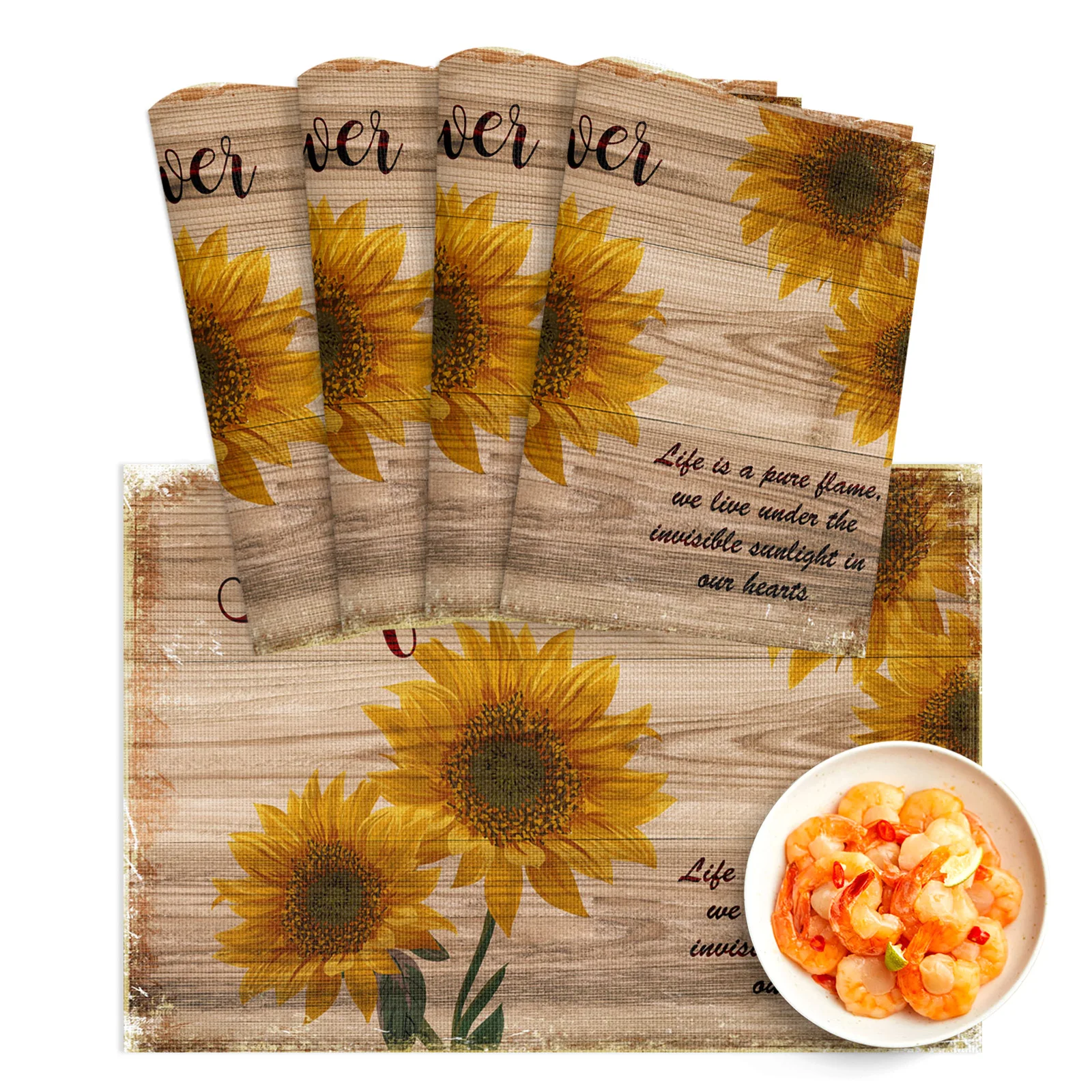 

4/6pcs Placemat Farm Retro Sunflower Wood Grain Restaurant Kitchen Accessories PVC Dining Table Mats Disc Bowl Coaster Pad