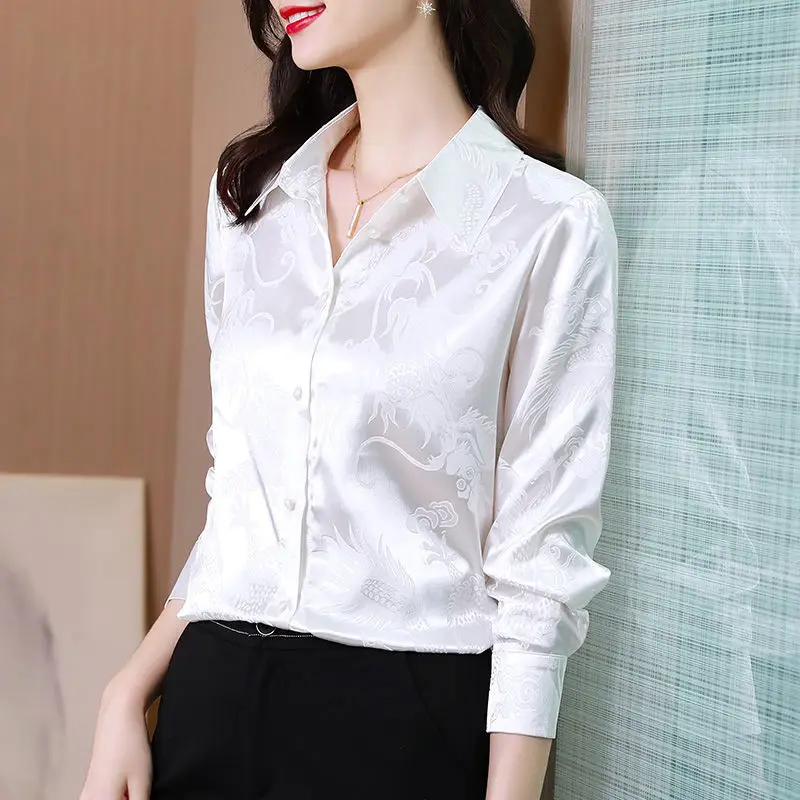 

Silk shirt long-sleeved blouse female 2021 new jacquard satin polo lead jobs fashion long sleeve solid turn down collar blouse