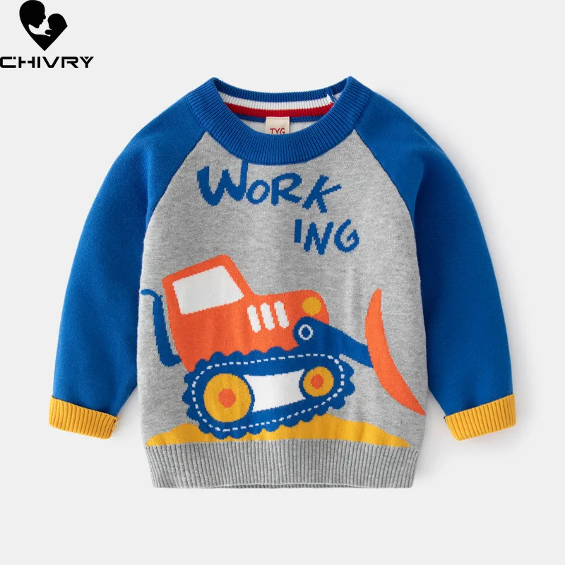 

New Autumn Winter Kids Pullover Sweater Boys Cartoon Bulldozer Jacquard Thick O-neck Knitted Sweaters Tops Clothing for 2-7Y