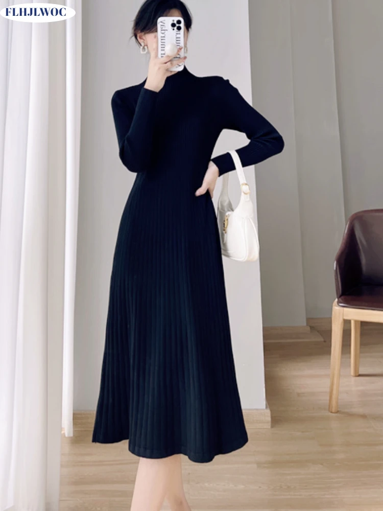 

Hot Sales Winter Spring Warm Basic Wear Women Fasion French Style Design Black Elegant Half Turtleneck Knitted Sweater Dress