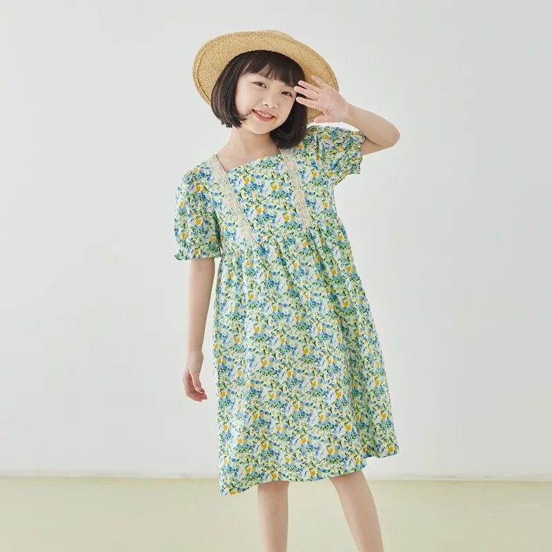 

Детское платье в пасторальном французском стиле, Летнее Детское платье с квадратным воротником и лентами, хлопковое платье с цветочным принтом для маленьких девочек