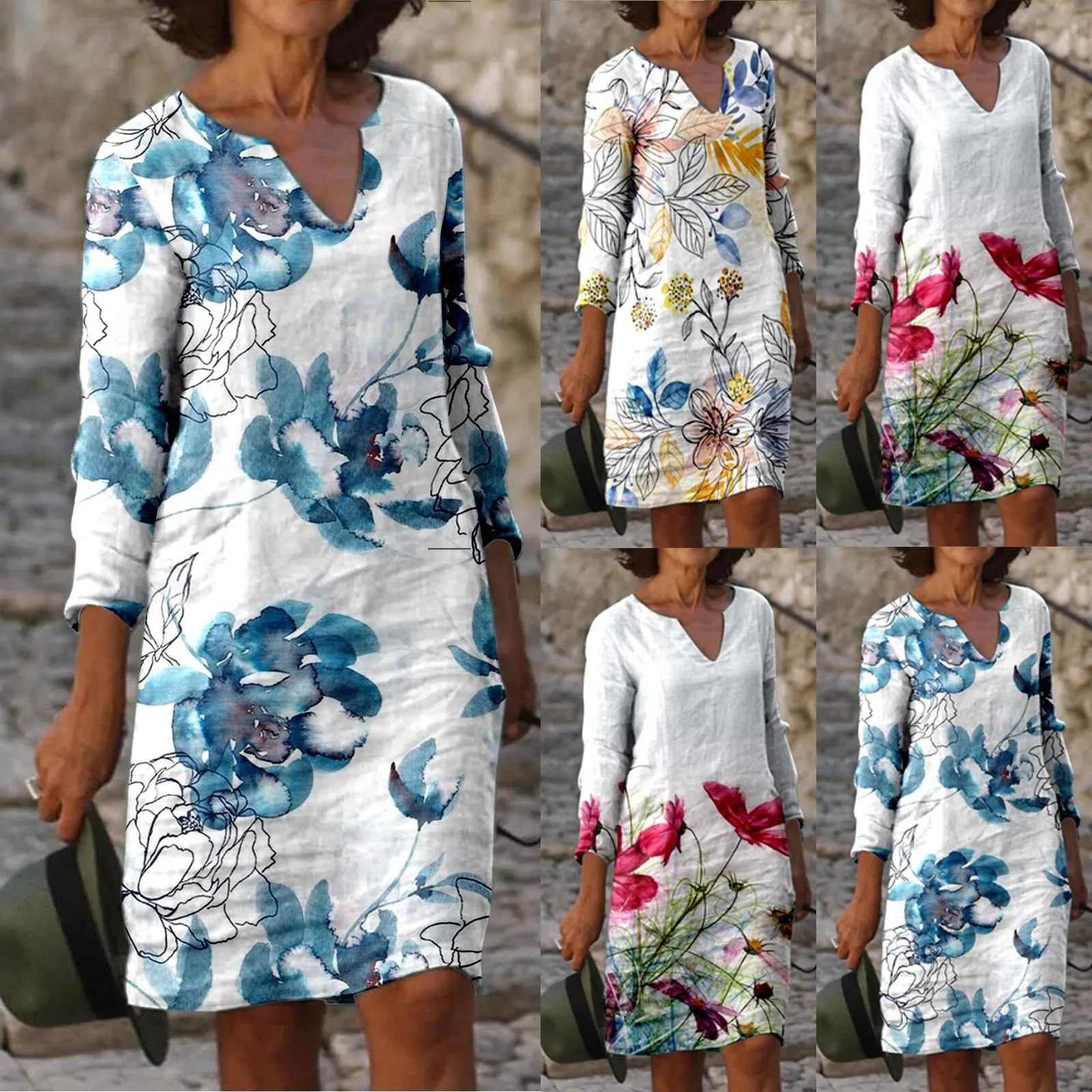 

Women Vintage Casual Flower Print V Neck Dress Cotton Linen Mid Length Long Sleeve Graceful Dress Womens Short Casual Dresses