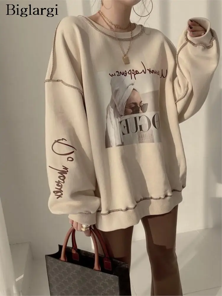 

Женский пуловер с буквенным принтом, Свободный свитшот с длинным рукавом, в Корейском стиле, Осень-зима 2023