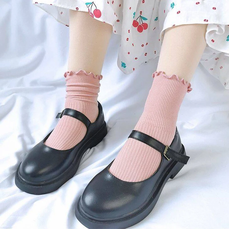 Japanese Style Solid Color Frilly Ruffle Socks for Women Girls Fashion Crew Cotton Cute Female Socks Black White Blue Green Red