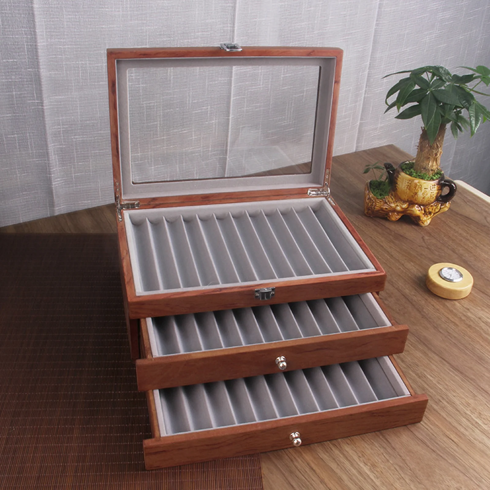 Wood Fountain Pen Collector with 3 Layer Pen Display Box 34 Pen Organizer Box Pens Display Case Storage Organizer With Glass