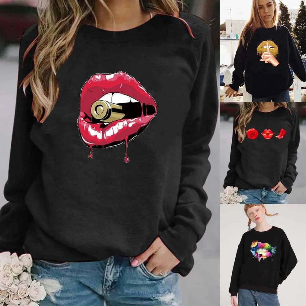 

Sweatshirt Ladie Women's Tracksuit Hoodie Round neck Sweatshirts Pullovers Lip print Clothing Top Long Sleeve Casual Hooded