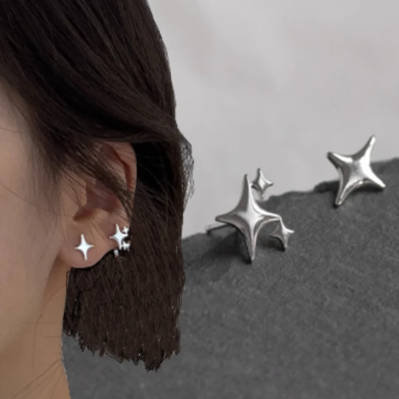 

Silver Star Stud Earrings Women Girl Four Pointed Star Ear Bone Cute Banquet Asymmetry Jewelry Simple Advanced Design Earring