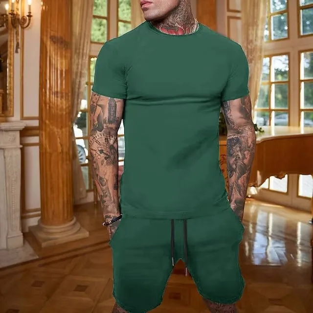 3D Print Clothes for Men T-Shirt Sets Solid Color Outfits Round Neck Ropa Short Sleeve 2 Pcs Clothing Polyester Costume for Men