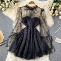 bottoming dress feminine temperament mesh polka dot a word with waist princess tutu skirt 2022 spring new style
