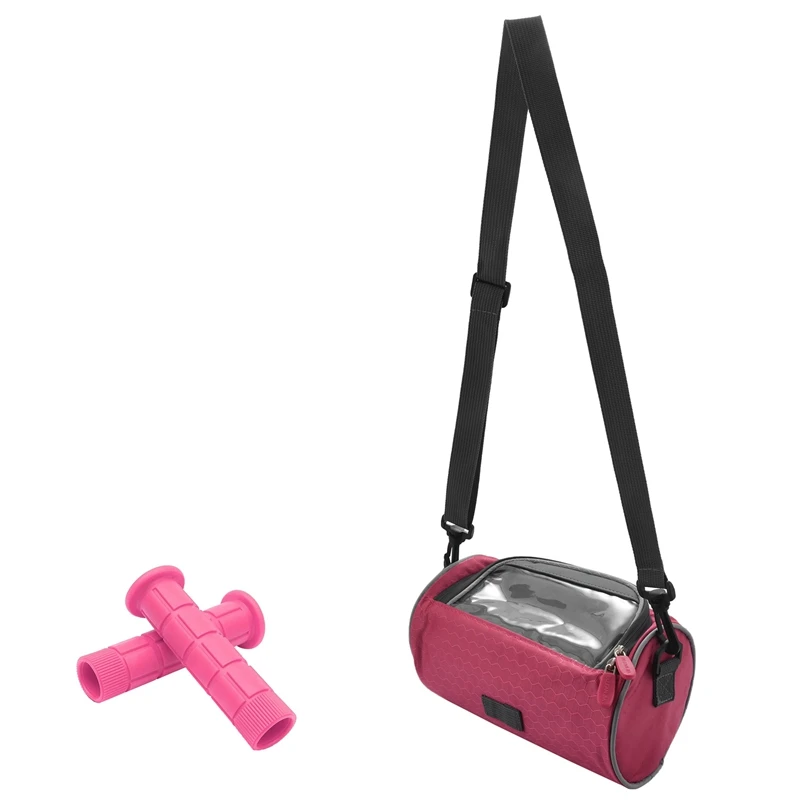 

1 Pair Bicycle Handle Set Mushroom Grips & 1 Pcs Outdoor Bicycle Handlebar Bag Pink