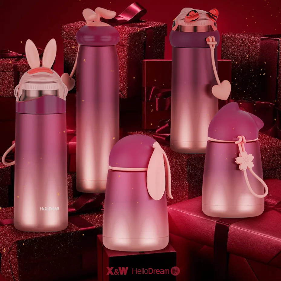 

Gradient Cartoon Thermos Thermals Milk Coffee CupStainless Steel Thermos Straw Water Bottle Gradient Sports Vacuum Flask