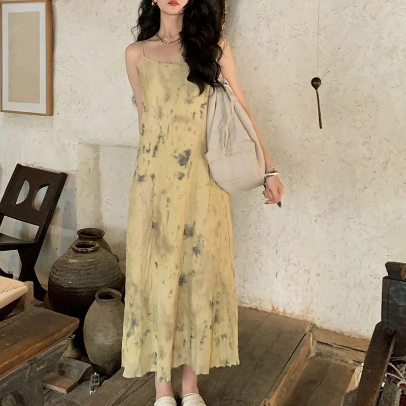

Free Shipping Pale Yellow Long Dress Monet Oil Painting Dress Printed Strap Dress Women's Retro Slimming Base Skirt Summer