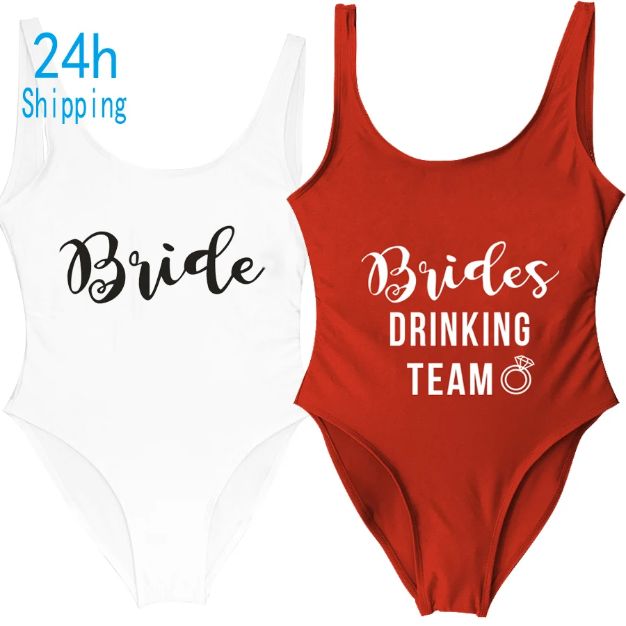 

Brides Drinking Team Swimsuits One Piece Swimwears Bachelor Party Zwarte Zwempak Bride Squad Monokini Beach Wear Wedding Custom