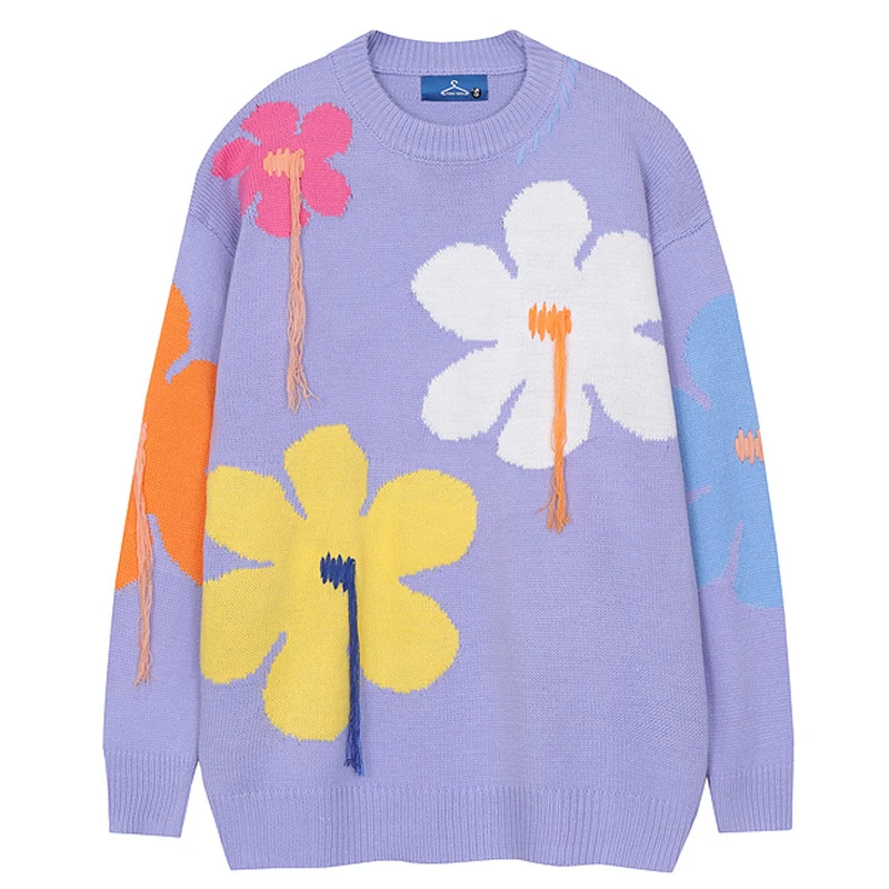 

Мужской вязаный свитер в стиле Харадзюку с цветочным принтом и надписью, зима 2022, парные повседневные топы оверсайз, ретро свободный жаккардовый пуловер, свитера