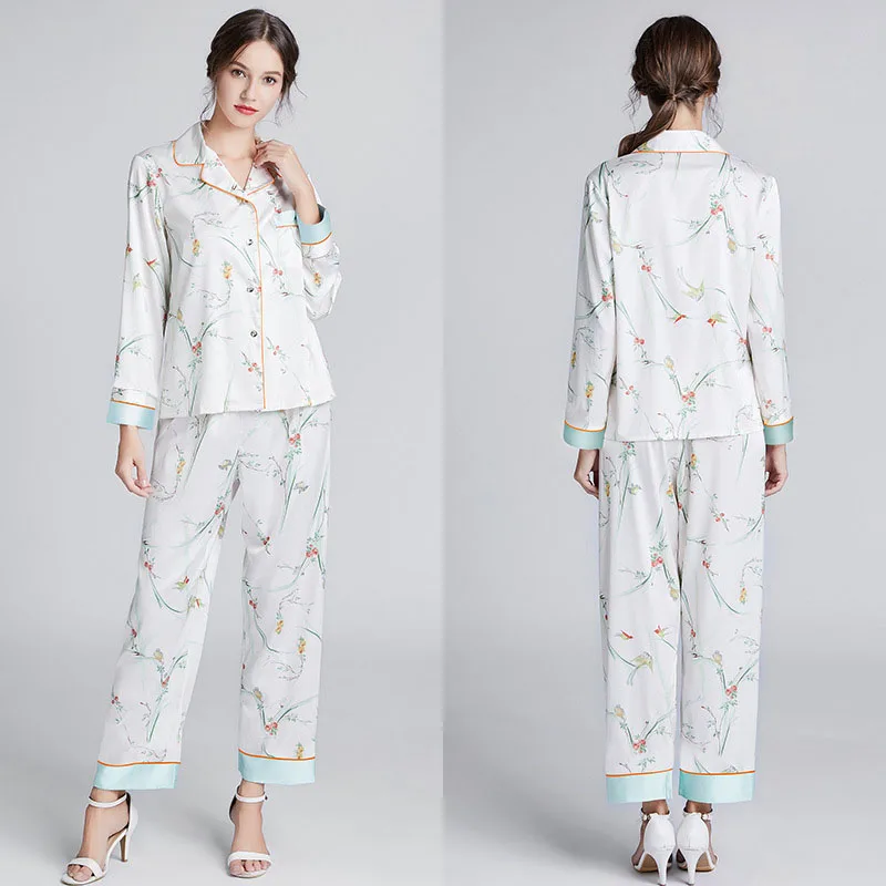 Women 2 Pieces Satin Silk Sleepwear Long Sleeve Button Shirt and Pants Floral Printed Pajamas Set