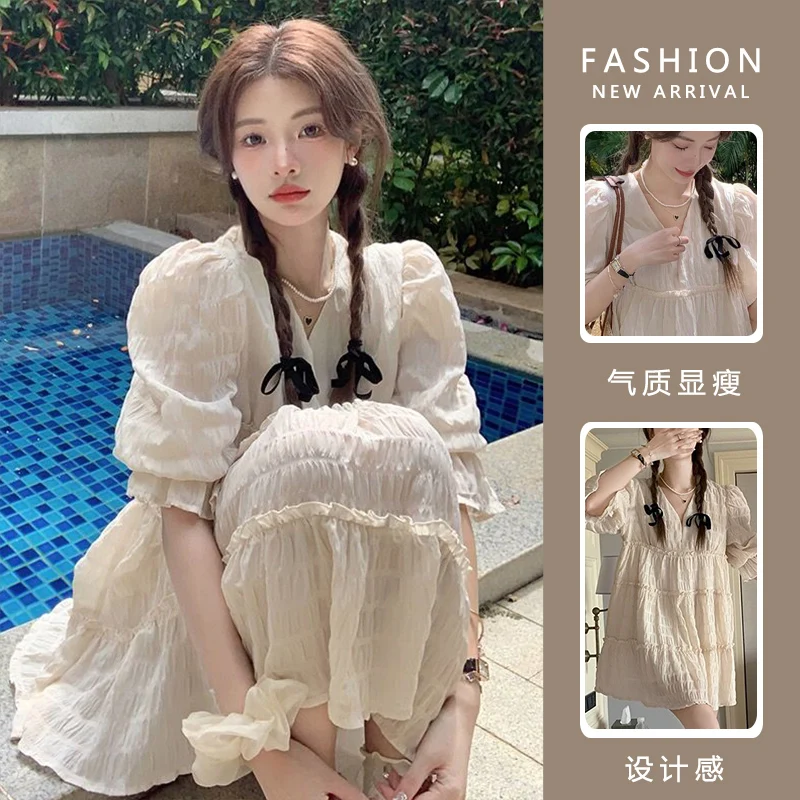 

2023 V-Neck Pregnant Woman Summer Shirts Long Loose Ruffles Patchwork Puff Sleeve Maternity Blouses Plus Size Pregnancy Clothes