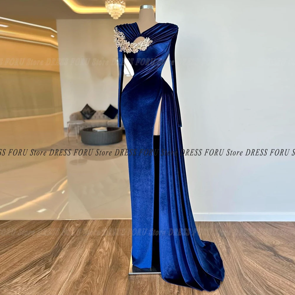 

Gorgeous Velvet Prom Dress Long Sleeve Pleat Rhinestones High Slit Sweep Train Vintage Forml Party Gown Floor Length Vestidos