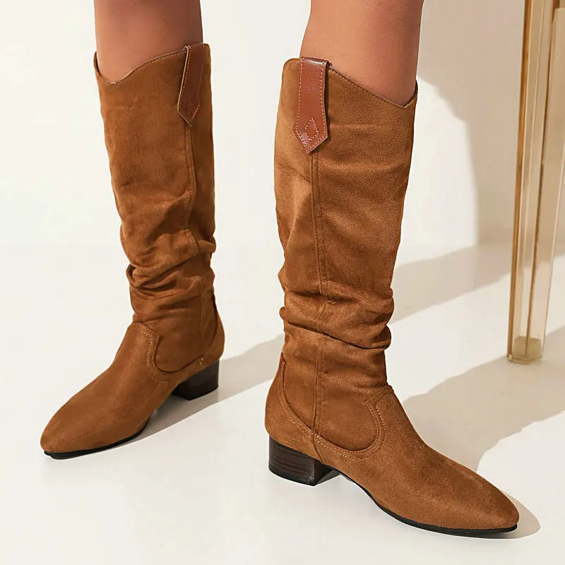 

British Style Faux Suede Flock Pointed Toe Westeren Cowboy Woman Shoes Pleated Design Chunky Low Heels Female Mid-calf Boots